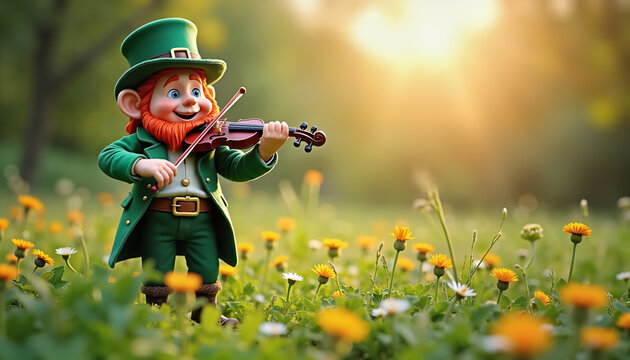 Cheerful leprechaun playing violin in sunny meadow, perfect for St. Patrick's Day celebration