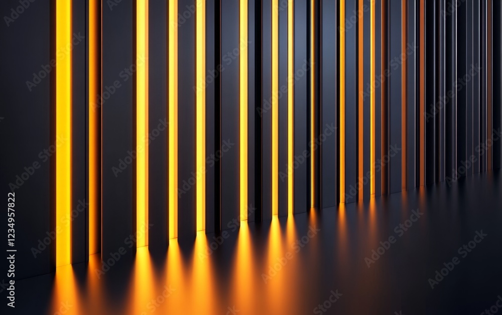 Poster modern interior with vertical light strips casting shadows on a sleek surface, creating a dynamic am