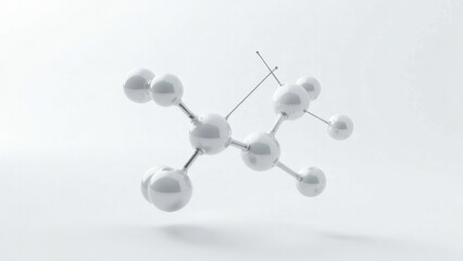 A white and silver molecule with a blue and red cross on it. The molecule is suspended in the air and he is floating