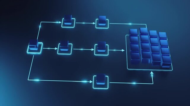 A digital 3D of a futuristic workflow process diagram featuring glowing blue nodes and arrows, representing data flow and business automation.