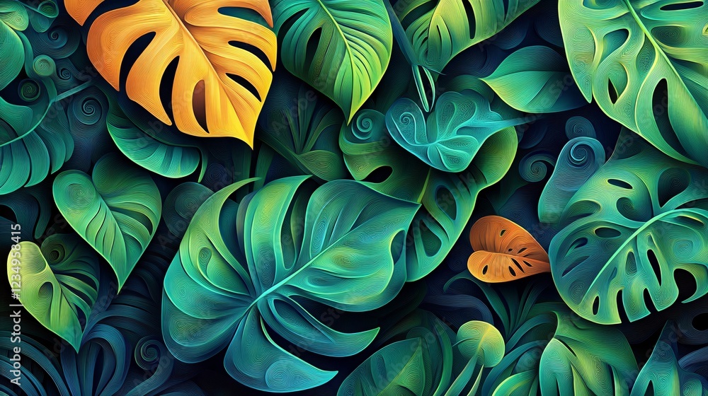 Poster a vibrant array of tropical leaves in varying shades of green, featuring bold patterns and a touch o