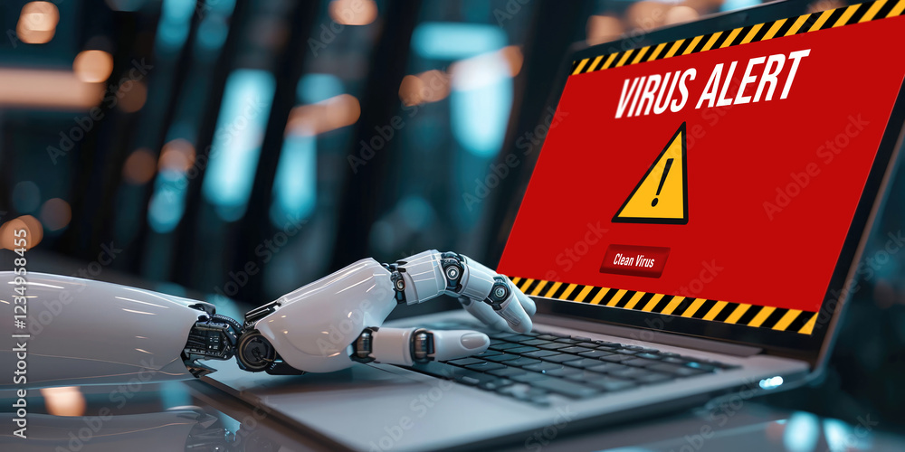 Poster virus warning alert on computer screen detected brisk cyber threat , hacker, computer virus and malw