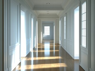 A sunlit hallway in a farmhouse features wooden flooring and white panelled walls, creating a serene and elegant atmosphere with natural light streaming through windows.