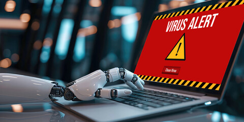 Virus warning alert on computer screen detected brisk cyber threat , hacker, computer virus and malware