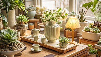 The image depicts a serene indoor setting with a focus on a wooden table adorned with various items.