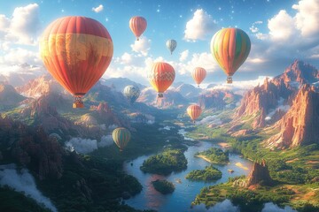 Fototapeta premium Hot Air Balloons Soar Over a Majestic Mountain River Landscape