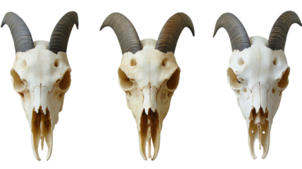 Three goat skulls with horns isolated on transparent background