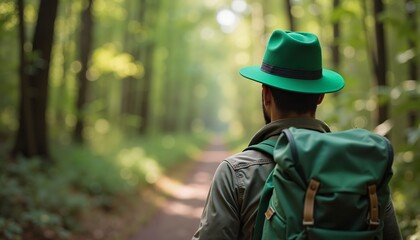 Man wearing green hat exploring forest trail, nature adventure, outdoor travel concept
