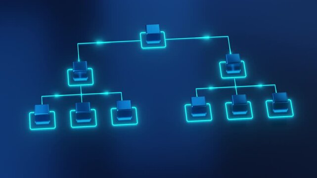 A digital 3D of a glowing blue hierarchical workflow diagram, representing business processes, data flow, and organizational structure in a futuristic style.