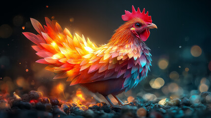 Fototapeta premium Rooster with vibrant feathers standing on dark ground against magical bokeh background. Digital art showing majestic farm bird with glowing plumage