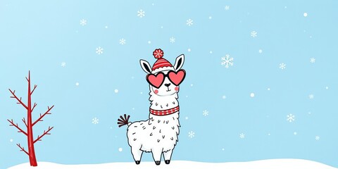 Hand-drawn blue cute card with llama wearing heart glasses and winter hat in Christmas theme, featuring text "no drama llama no problem llama", winter, cute, hand drawn