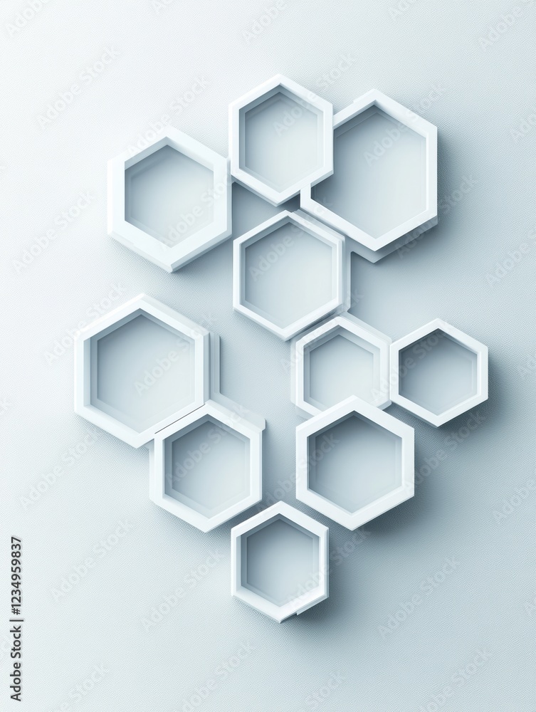 Poster Modern wall art featuring interlocking hexagonal shapes in white color on a light background. Generative AI