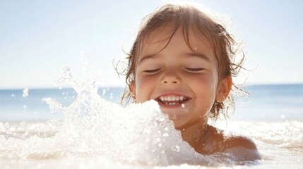 Joyful caucasian child playing in ocean waves under bright sunlight