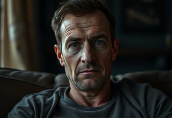 Fototapeta premium Drunk male sitting on a couch in a dimly lit room