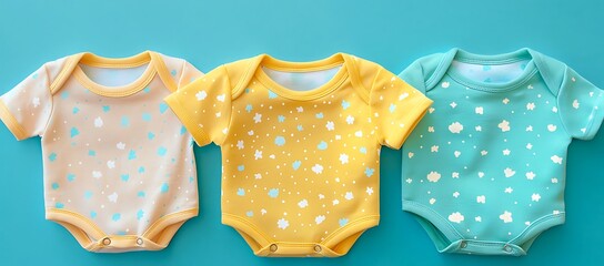 Three Baby Bodysuits in Pastel Yellow, Peach, and Turquoise with Cloud Pattern