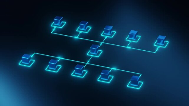 A glowing blue 3D digital of a structured workflow diagram, representing business processes, organizational hierarchy, and data management in a futuristic style.