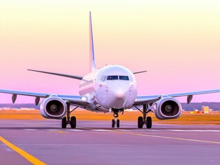 A large jetliner prepares for takeoff from a runway at sunrise, capturing the early morning light and energy of travel.