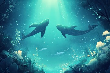 Two Whales Swim Through An Underwater Garden