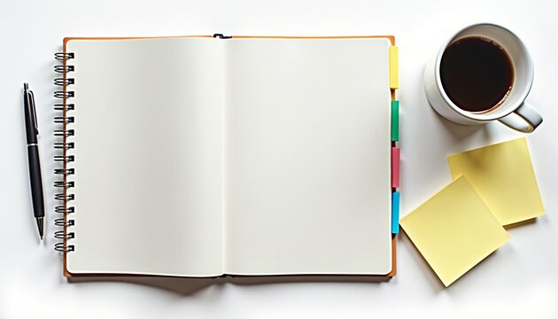 Blank notebook with colorful sticky notes and a cup of coffee on a white background with copy space
