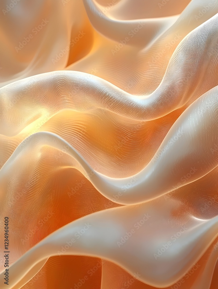 Poster close-up view of soft, flowing silk fabric in warm peach and cream tones, creating a serene and invi