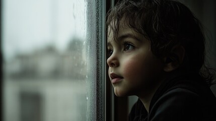 Pensive hispanic child gazing through rainy window