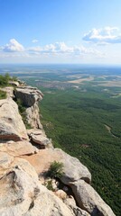 A breathtaking view of a vast green landscape seen from a rocky cliff under a clear blue sky with soft clouds. The scene exudes tranquility and natural beauty.