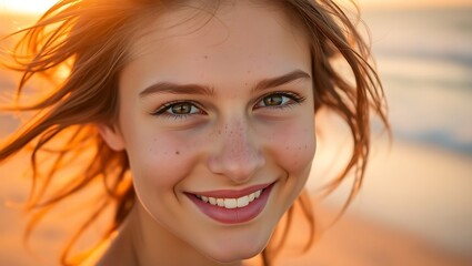 Fototapeta premium Sunset Glow: Freckled Beauty on the Beach
