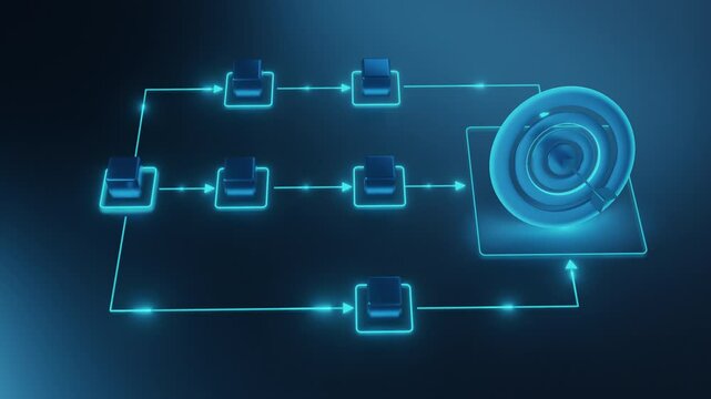 A 3D digital of a glowing blue workflow diagram with interconnected nodes and arrows, symbolizing business processes, strategy, and goal achievement.