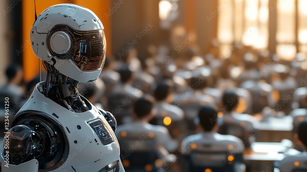 Aufkleber a futuristic robot stands in front of an audience, highlighting the integration of technology and ed