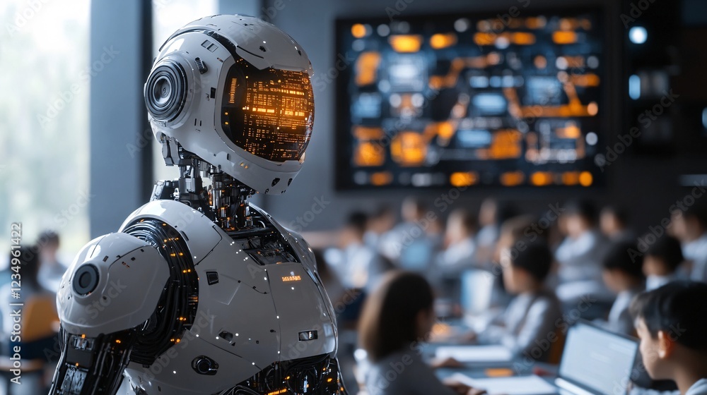 Poster a futuristic robot stands in a modern classroom, engaging with students who are focused on their lap