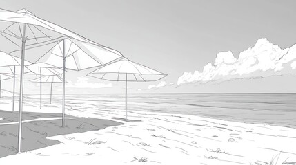 Beach umbrellas seaside sketch, summer vacation design