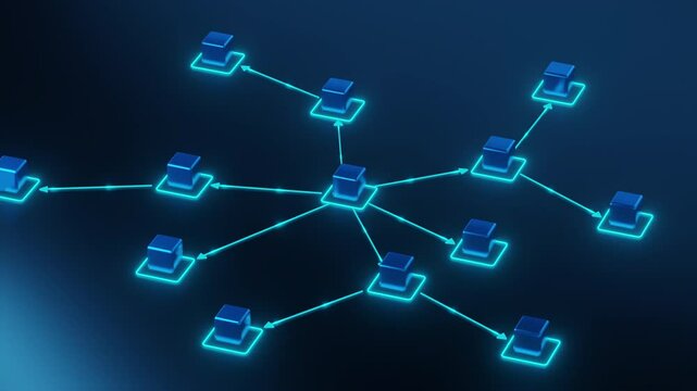 A 3D digital illustration of a glowing blue network diagram, representing business workflow, data exchange, decentralized systems, and digital communication in a futuristic style.