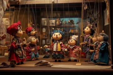 Joyful marionette performance captivates audience in traditional puppet theater