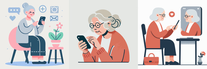 vector of a grandmother playing with a cellphone