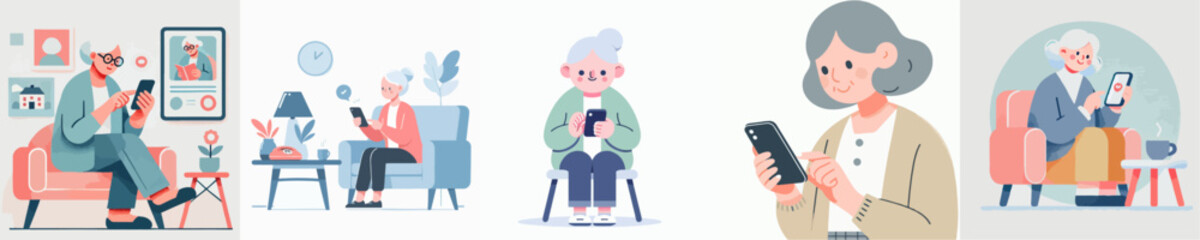 vector of a grandmother playing with a cellphone