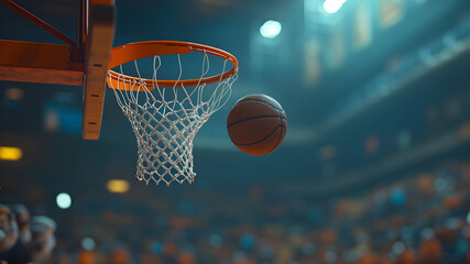 Basketball ball entering hoop in a crowded arena during a game