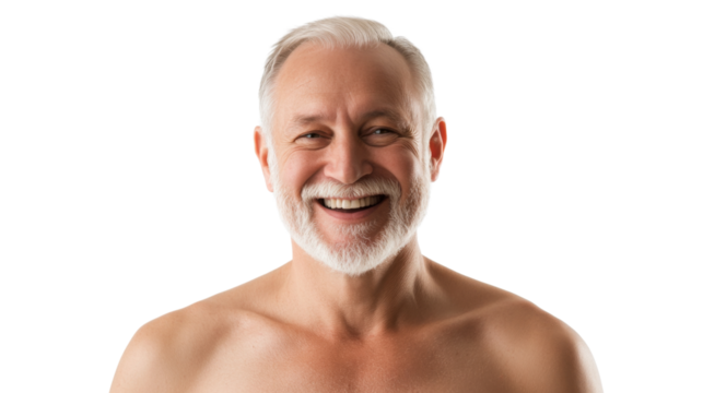 Portrait of smiling senior man showing happiness and health on transparent background