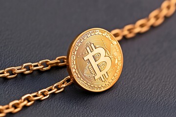 Gold Bitcoin Cryptocurrency Coin on a Golden Chain