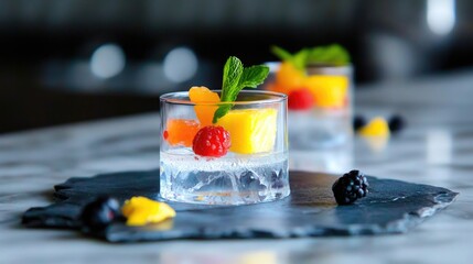 Refreshing fruit-infused water with berries and mint on slate serving tray