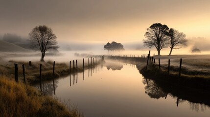 Fototapeta premium Serene morning mist over a tranquil river landscape with reflections and bare trees