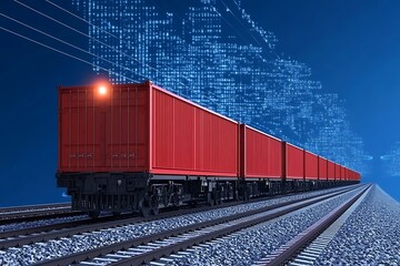 Fototapeta premium Freight Train with Red Containers Moving Across a Digital Network Map