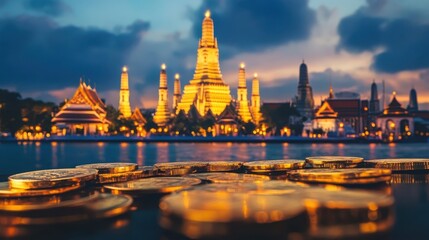 Obraz premium Golden Coins in Front of Wat Arun at Dusk