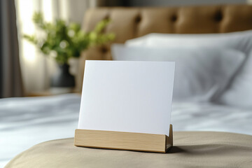 A blank mock up white card in a wooden holder on a minimalist hotel room background, ideal for mockups or text, logo placement