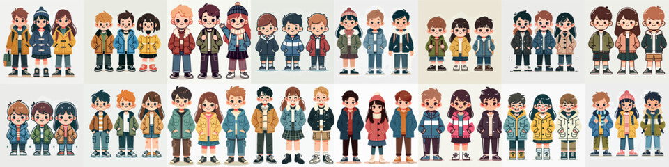 vector three little boys and girls with jackets standing happily