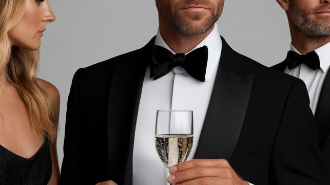Elegant caucasian adults in formal attire with champagne