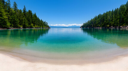 Fototapeta premium Pristine sandy beach and turquoise water of a calm bay surrounded by dense green pine forests under a clear blue sky.