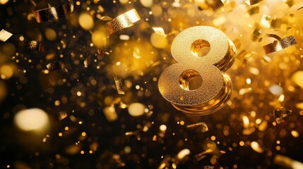 Gold Number Eight with Confetti Background Celebration
