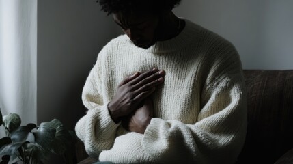 African adult male in thoughtful pose with hands on heart in low light