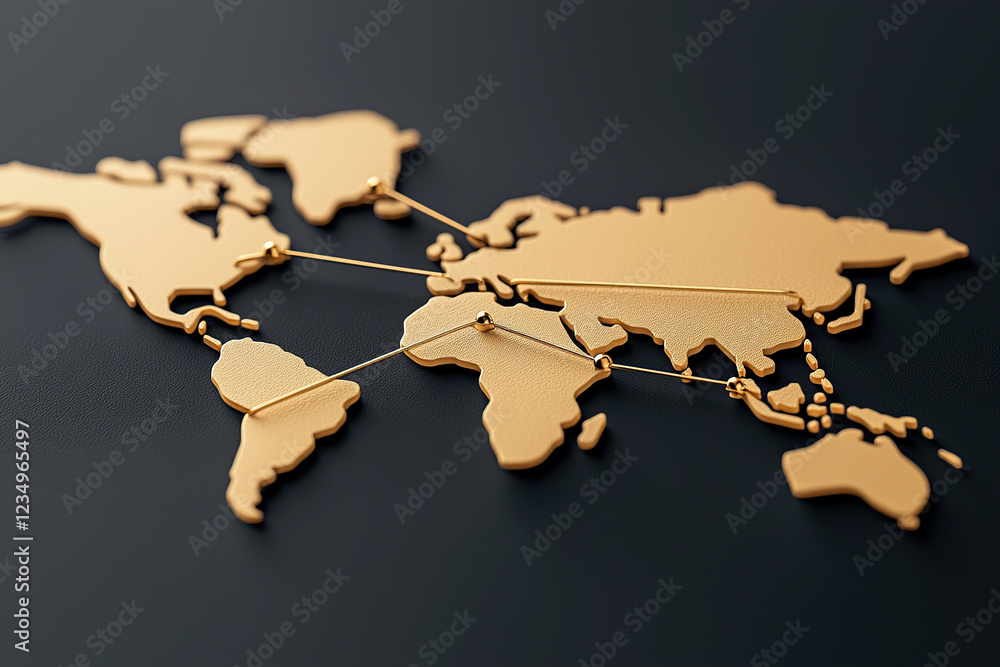Poster golden world map with connecting lines on dark background symbolizes global digital marketing strate