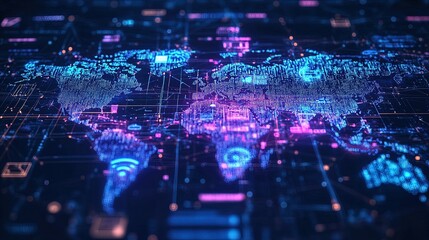 Fototapeta premium 5G holographic world map with data flows between continents, digital and high-speed global network 